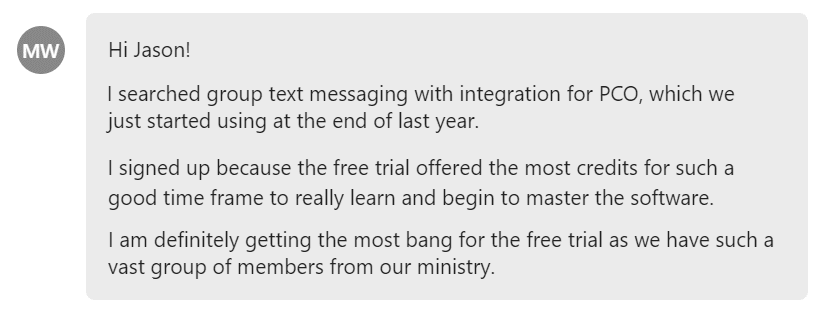 I searched group text messaging with integration for PCO, which we just started using at the end of last year.